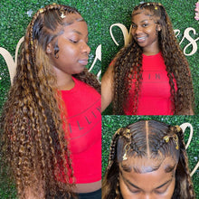 Load image into Gallery viewer, Crowned Roots 180% Density Honey Brown Highlight Glueless Lace Front Water Wave Human Hair Wig