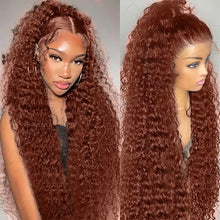 Load image into Gallery viewer, Crowned Roots 13x4 Pre-Cut Swiss Lace Wig Reddish Brown Color Jerry Curly Bleach Knots
