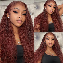 Load image into Gallery viewer, Crowned Roots 13x4 Pre-Cut Swiss Lace Wig Reddish Brown Color Jerry Curly Bleach Knots