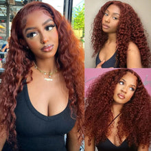 Load image into Gallery viewer, Crowned Roots 13x4 Pre-Cut Swiss Lace Wig Reddish Brown Color Jerry Curly Bleach Knots