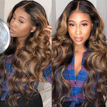 Load image into Gallery viewer, Crowned Roots Honey Blonde Highlight HD Lace Body Wave Pre Plucked 180% 13x4 13x6 Human Hair Wig