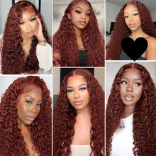 Load image into Gallery viewer, Crowned Roots Reddish Brown Jerry Curly 13x4 Lace Front Wig 100% PrePlucked Hairline 13x6 HD Transparent Lace Frontal Wig