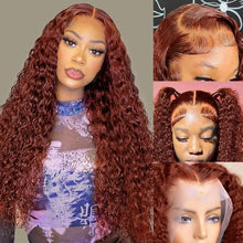 Load image into Gallery viewer, Crowned Roots Reddish Brown Jerry Curly 13x4 Lace Front Wig 100% PrePlucked Hairline 13x6 HD Transparent Lace Frontal Wig