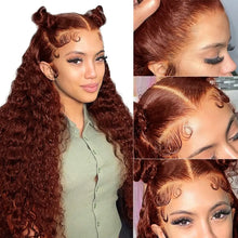 Load image into Gallery viewer, Crowned Roots Reddish Brown Jerry Curly 13x4 Lace Front Wig 100% PrePlucked Hairline 13x6 HD Transparent Lace Frontal Wig