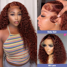 Load image into Gallery viewer, Crowned Roots Reddish Brown Jerry Curly 13x4 Lace Front Wig 100% PrePlucked Hairline 13x6 HD Transparent Lace Frontal Wig