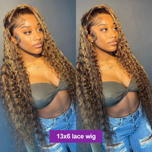 Load image into Gallery viewer, Crowned Roots 180% Density Honey Brown Highlight Glueless Lace Front Water Wave Human Hair Wig
