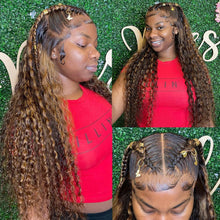 Load image into Gallery viewer, Crowned Roots 180% Density Honey Brown Highlight Glueless Lace Front Water Wave Human Hair Wig
