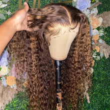 Load image into Gallery viewer, Crowned Roots 180% Density Honey Brown Highlight Glueless Lace Front Water Wave Human Hair Wig
