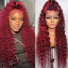 Load image into Gallery viewer, Crowned Roots Deep Wave Burgundy Lace Front Human Hair Transparent Lace
